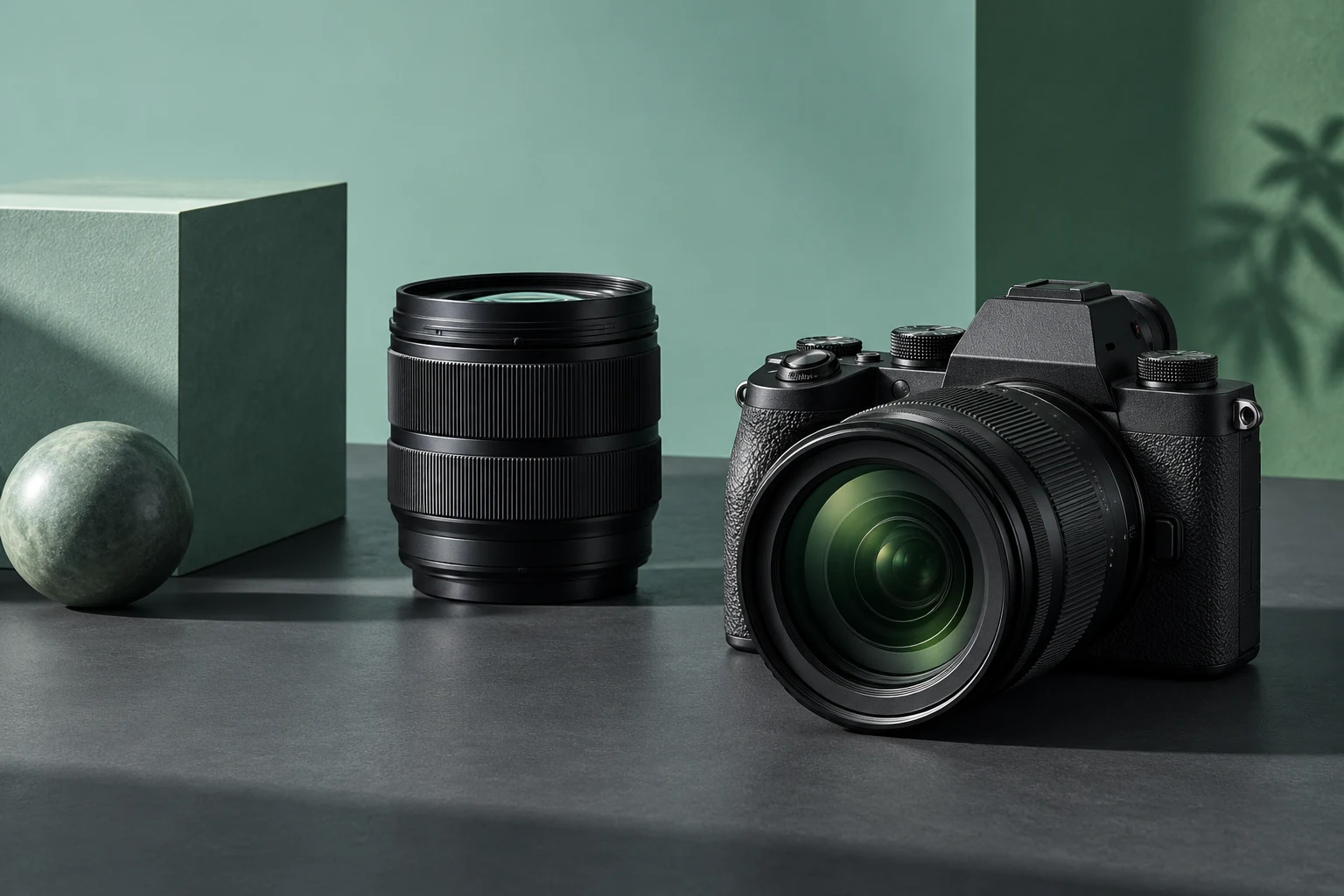 Professional camera equipment in a green and charcoal studio setting