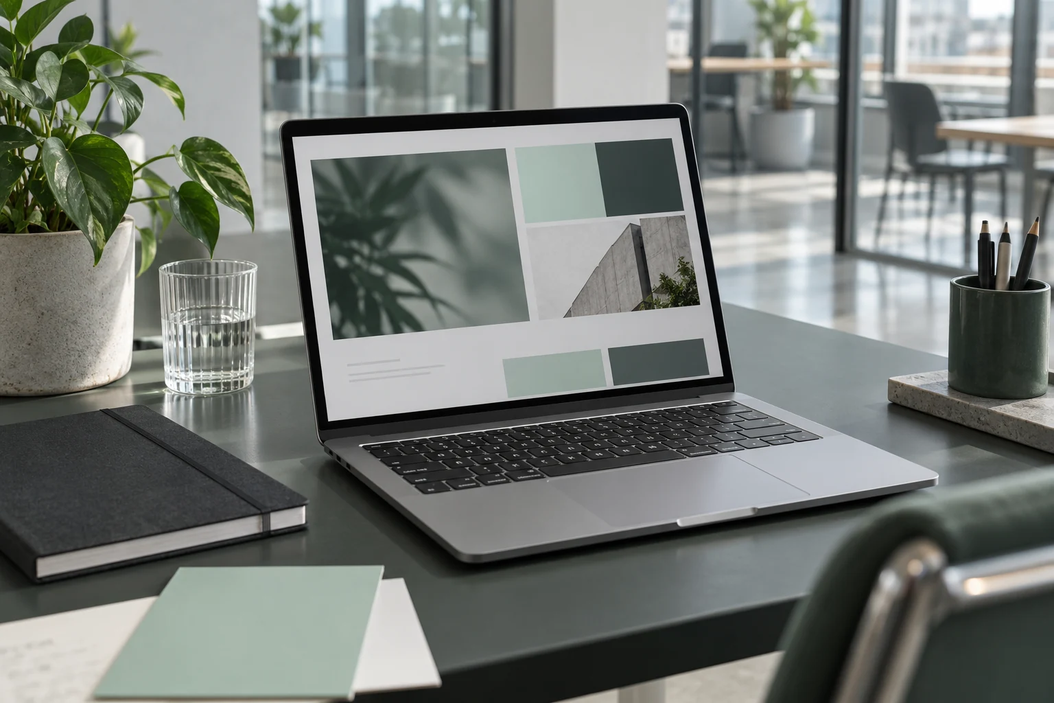 A laptop and planning materials on a contemporary desk