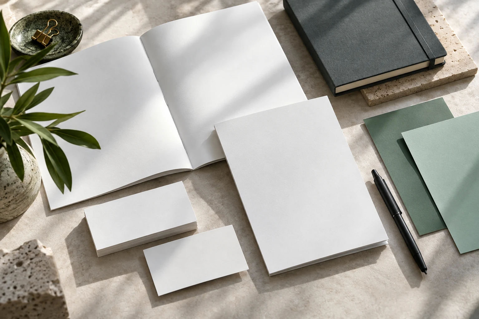 Blank printed materials, notebook, and green color swatches arranged on a planning desk