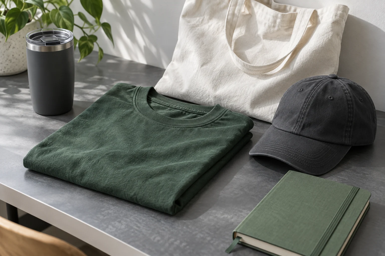 Green shirt, charcoal cap, tote, notebook, and tumbler arranged as merchandise concepts
