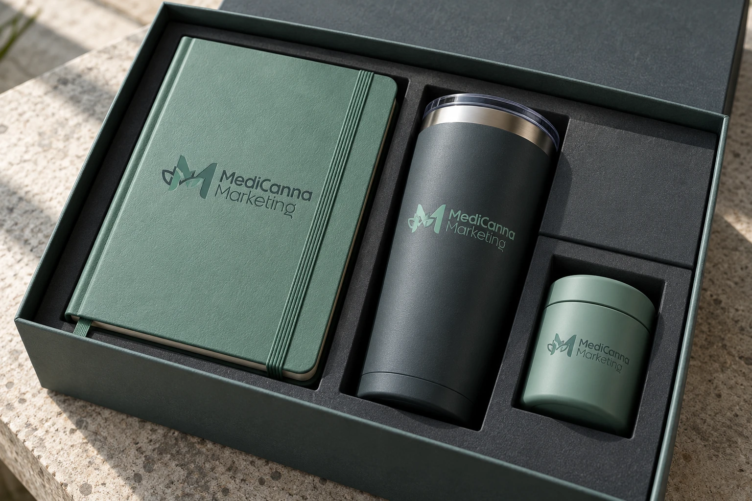 Branded notebook, drinkware, and opaque container arranged in a specialty kit